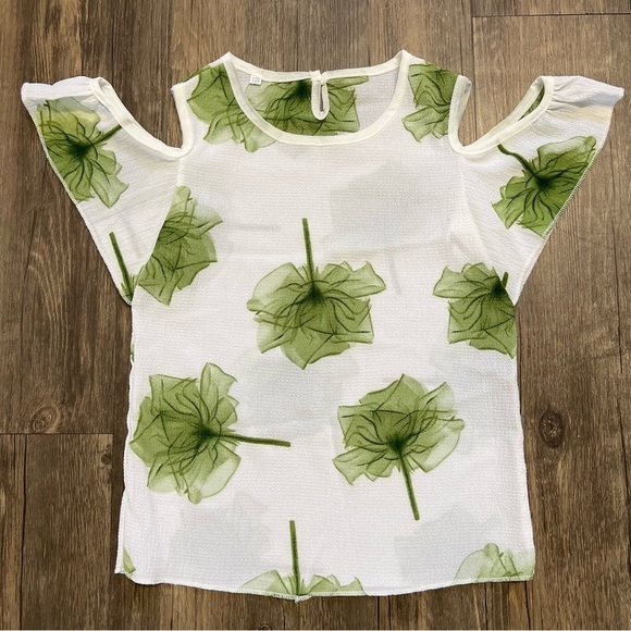 Girls White Green Leaves Print Opened Shoulder Short Sleeves Top T- Shirt 4 - Picture 4 of 7